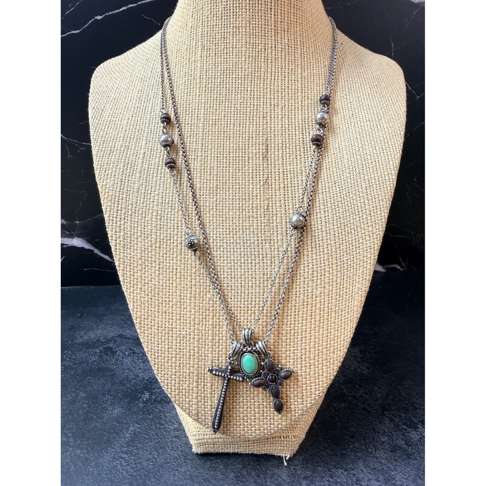 Lucky Brand Silver Tone Double Layer Cross Turquoise Bead Necklace Boho Charm